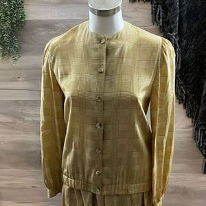 Vintage Gloria Sachs Womens Brown Long Sleeve Silk Skirt Suit Set Size 8 X 14